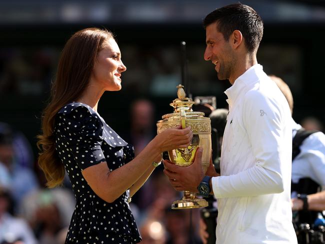 Kate presents the winner’s trophy to Novak Djokovic. Picture: Getty Images