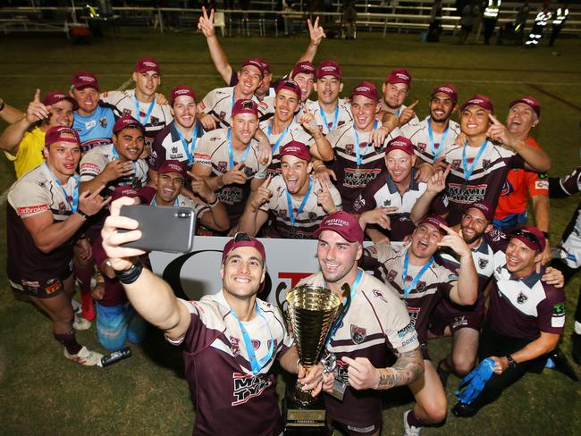 Burleigh players celebrate Saturday’s grand final win over Southport. Picture: SMP Images