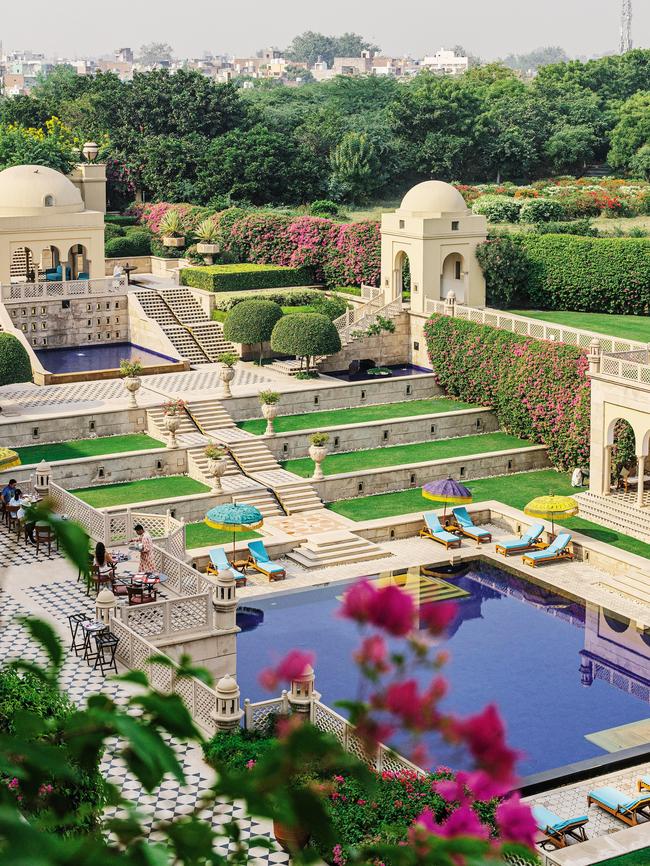 The pool and terraced lawns at the Oberoi Amarvilas in Agra. Picture: Elise Hassey.