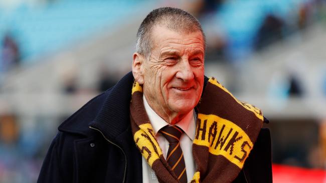 Jeff Kennett, ex-president of the Hawthorn Football Club, during the 2022 AFL Round 19 match between the North Melbourne Kangaroos and the Hawthorn Hawks at Blundstone Arena on July 23, 2022 in Hobart, Australia. (Photo by Dylan Burns/AFL Photos via Getty Images)
