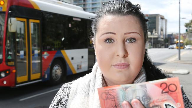 Chelsea Pimm, 21, was refused a bus ticket in Adelaide when she only had a $20 note. Picture: Stephen Laffer