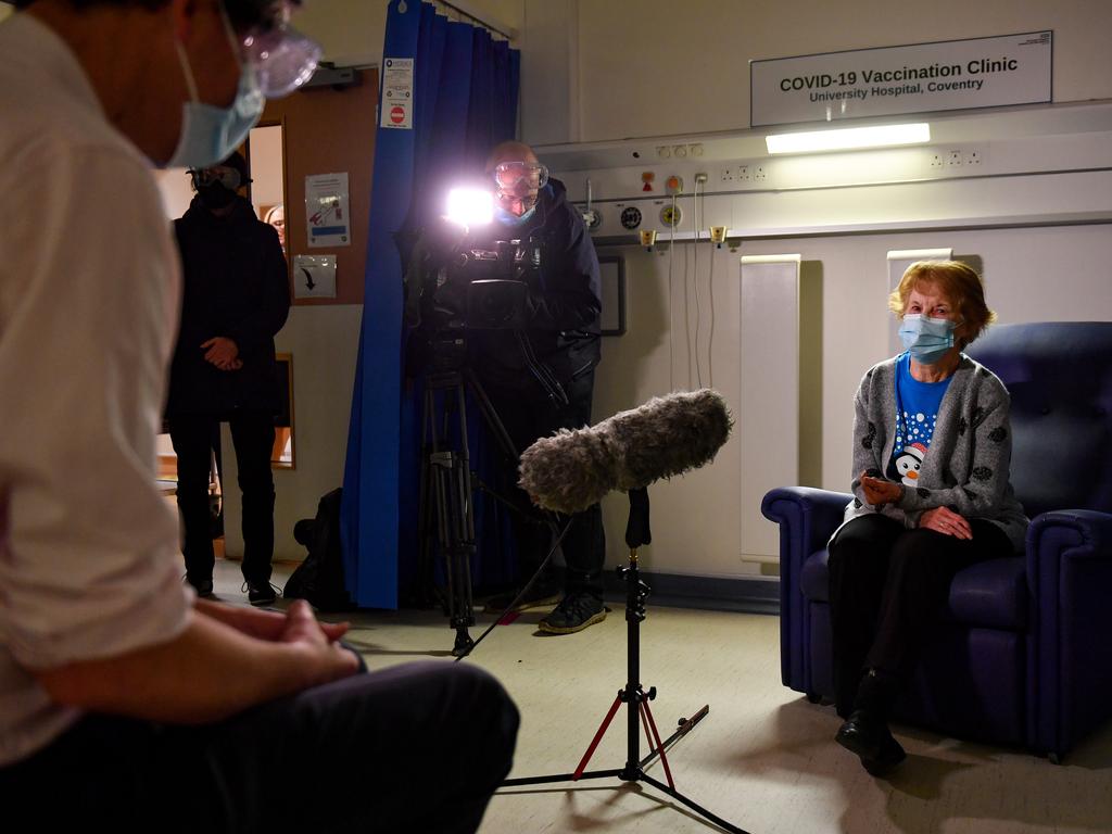 Margaret Keenan, 90, speaks to the media after becoming the first patient in the UK to receive the Pfizer/BioNTech vaccine. Picture: Getty Images