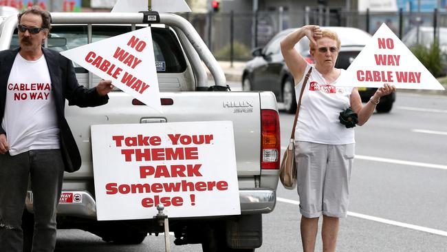 Opponents of the cableway project protest outside the office of Mermaid Beach MP Ray Stevens. Picture: Jerad Williams