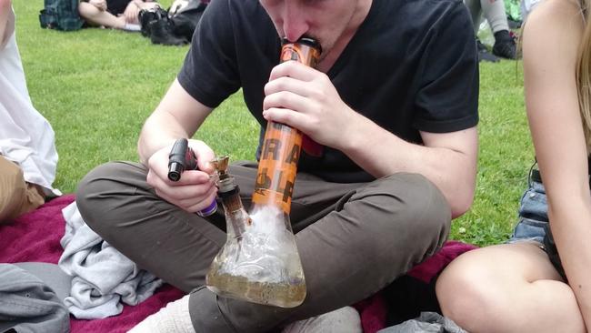 A man smokes a bong at the 420 picnic.