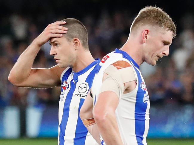 Luke Davies-Uniacke and Jack Ziebell lament another poor effort from the Roos. Picture: AFL Photos/Getty Images