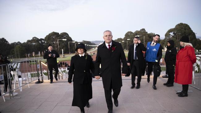 Mr Morrison and his wife Jenny at the Australian War Memorial in Canberra for he Dawn Service. Picture: NCA NewsWire / Gary Ramage