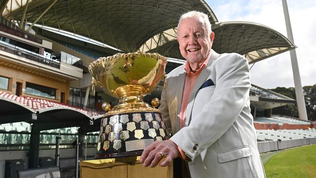 Ken Cunningham with the Thomas Seymour Hill premiership trophy he will carry onto Adelaide Oval on SANFL Grand Final day. Picture: Keryn Stevens