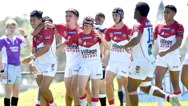 Redcliffe Dolphins player Keoki Koraba celebrates after a try in Connell Challenge under 16s Tweed Seagulls v Redcliffe Dolphins Saturday March 5, 2022. Picture, John Gass