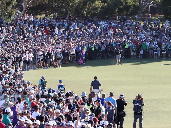 Talor Gooch on the 18th with the surging crowd during day three of LIV Golf Adelaide. Picture: Sarah Reed/Getty Images