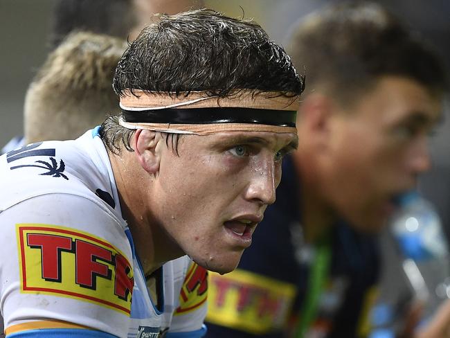 TOWNSVILLE, AUSTRALIA - MAY 03: Jarrod Wallace of the Titans looks on from the bench during the round eight NRL match between the North Queensland Cowboys and the Gold Coast Titans at 1300SMILES Stadium on May 03, 2019 in Townsville, Australia. (Photo by Ian Hitchcock/Getty Images)