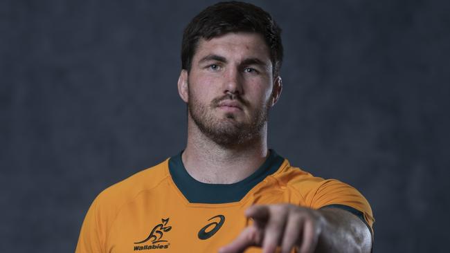 BRISBANE, AUSTRALIA - JUNE 26: Liam Wright poses during an Australia Wallabies Portrait Session on June 26, 2024 in Gold Coast, Australia. (Photo by Chris Hyde/Getty Images for ARU)