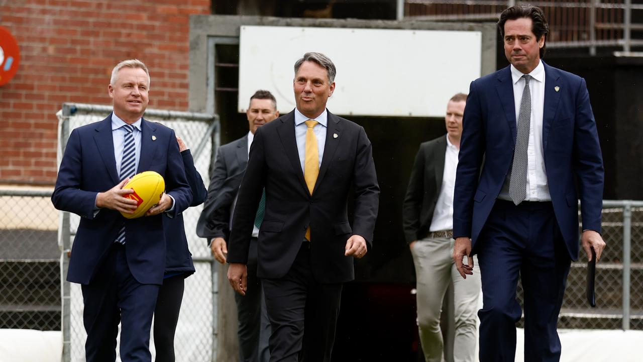 Tasmanian Premier Jeremy Rockliff, acting PM Richard Marles and Gillon McLachlan. Picture: Getty Images