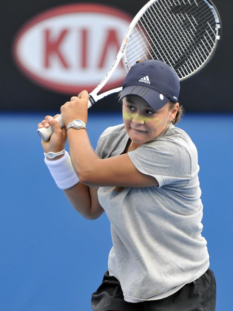 Ash Barty practising at Melbourne Park as a 14-year-old.