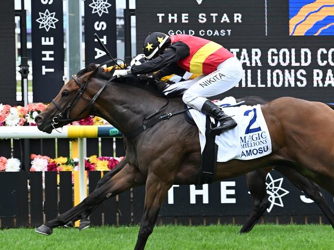 Liam Birchley-trained Amosu wins the $500,000 The Debut on Gold Coast Magic Millions day, under jockey Nikita Beriman. Picture: Grant Peters, Trackside Photography