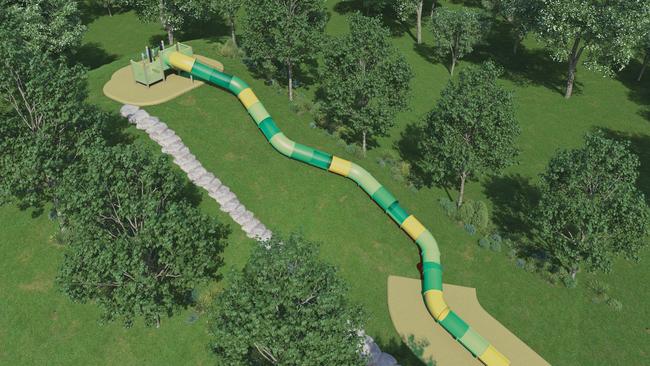 Digital impressions of the new Green Machine slide and landscaping designs at Parliament Street Reserve. Picture: Supplied