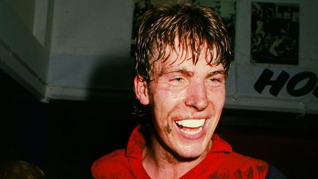 Dees great Jim Stynes in the changerooms after a VFL match in 1989.