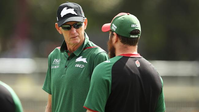 SYDNEY, AUSTRALIA - DECEMBER 04: New South Sydney Rabbitohs Coach Wayne Bennett speaks to the training staff during a Sydney Rabbitohs training session at Redfern Oval at Redfern Oval on December 4, 2018 in Sydney, Australia. (Photo by Mark Kolbe/Getty Images)