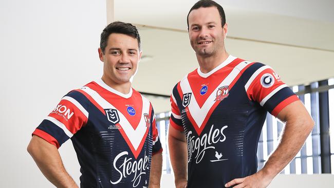 Cooper Cronk and Boyd Cordner at the sponsorship announcement. (Dylan Robinson)