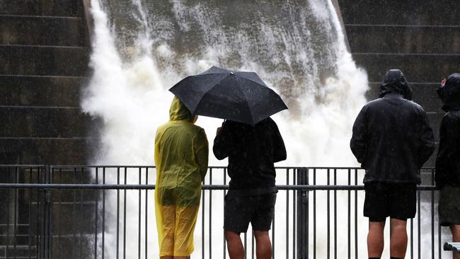 Hinze Dam overflowing. Picture: NIGEL HALLETT
