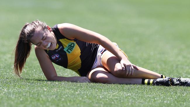 Richmond’s Hannah Burchell grabs her left knee. Picture: Michael Klein