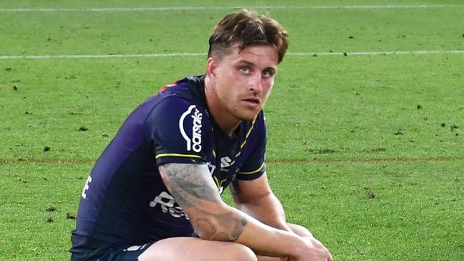 BRISBANE, AUSTRALIA - SEPTEMBER 25: Cameron Munster and Harry Grant of the Storm looks dejected after defeat during the NRL Preliminary Final match between the Melbourne Storm and the Penrith Panthers at Suncorp Stadium on September 25, 2021 in Brisbane, Australia. (Photo by Bradley Kanaris/Getty Images)