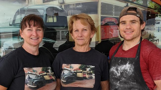 Owner Sharon Restall and Kim Baker beside Jeremy Milosevic (left to right) pictured outside Lismore Pie Cart Bakery on Magellan St, Lismore.