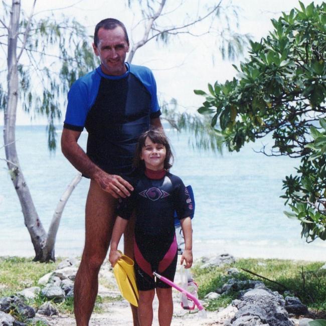 Amy Gash and Peter Gash snorkelling at Lady Elliot Island in 1997. Amy and her sister Chloe spent most of their childhood living on and exploring Lady Elliot Island. Picture: Supplied