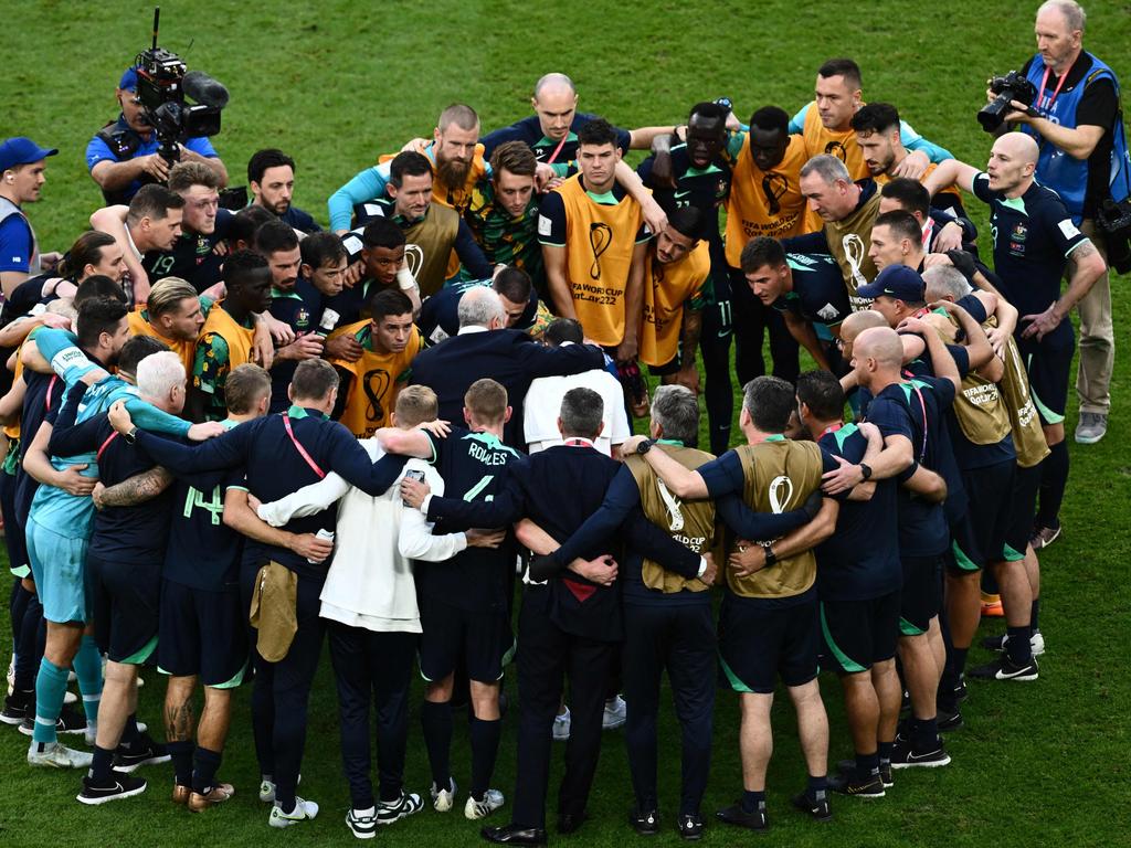 The Socceroos players gathered after the big win. Picture: Twitter/@Socceroos