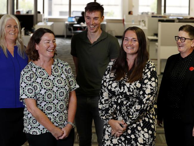 (L to R) NSW Health epidemiologists Tove Fitzgerald, Jennie Musto, Timmy Lockwood, Jennifer Case and Carolyn Murray at NSW Ministry of Health offices in Sydney, Wednesday, 20 January, 2021. Picture: Nikki Short