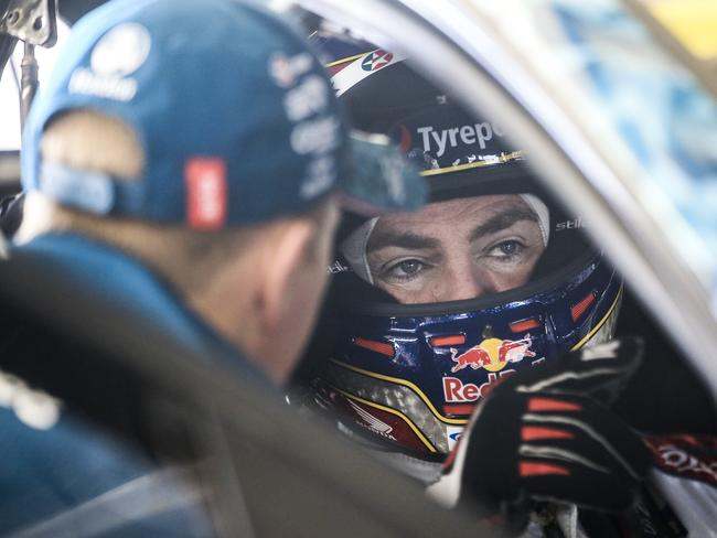 Craig Lowndes in the Bathurst pits during the first practice session. Picture: Dylan Robinson