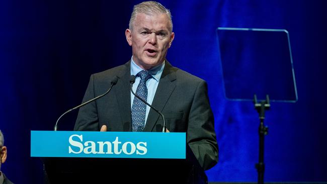 Santos Chief executive Kevin Gallagher speaks along side Santos chairman Keith Spence  during the Santos AGM at the Adelaide Convention Centre Thursday,April,6,2023.Picture Mark Brake