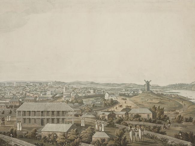 Artist Major James Taylor's painting “Panoramic Views of Port Jackson” circa 1821 offers a 360 degree view of Sydney from Observatory Hill. Picture: State Library of Nsw.