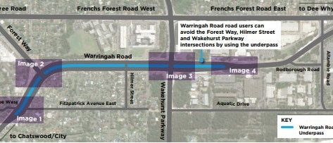 An overview of the Warringah Rd underpass at Frenchs Forest – to open in two stages on March 28. Picture: Transport for NSW