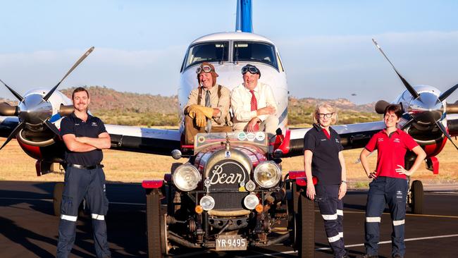 Matthew Benns and Warren Brown (centre) are joined by RFDS pilot Brady Thrift (left), Dr Judy Patterson and nurse unit manager Jamie-Lee McCall. Picture: Nigel Wright