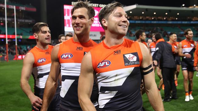 Toby Greene celebrates the Giants’ win with teammates. Picture: AAP