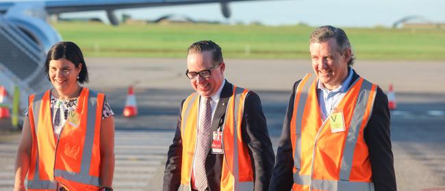 Qantas CEO alan Joyce, NT Chief Minister Michael Gunner and Tourism Minister Natasha Fyles ahead of an announcement of new routes out of Darwin. Picture: Glenn Campbell