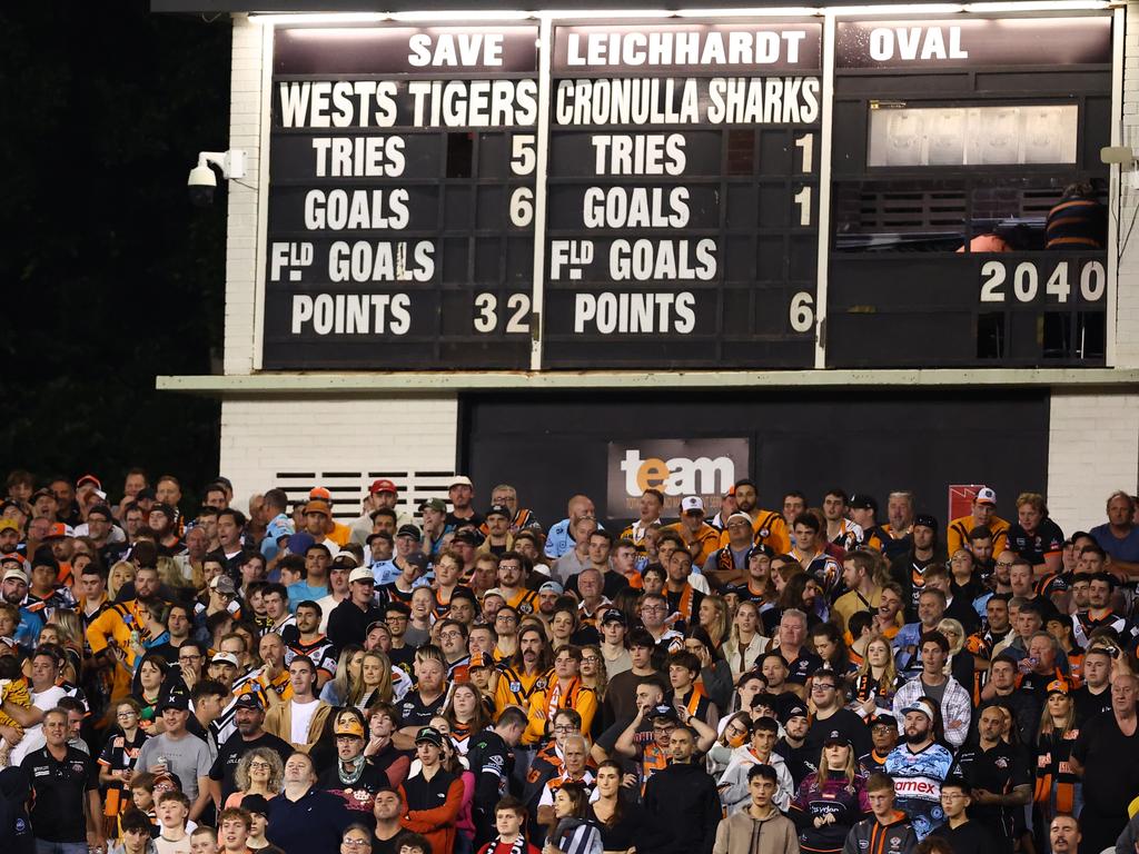 Fans watch on as the Wests Tigers took on the Cronulla Sharks at Leichhardt Oval, last weekend. Picture: Jeremy Ng/Getty Images