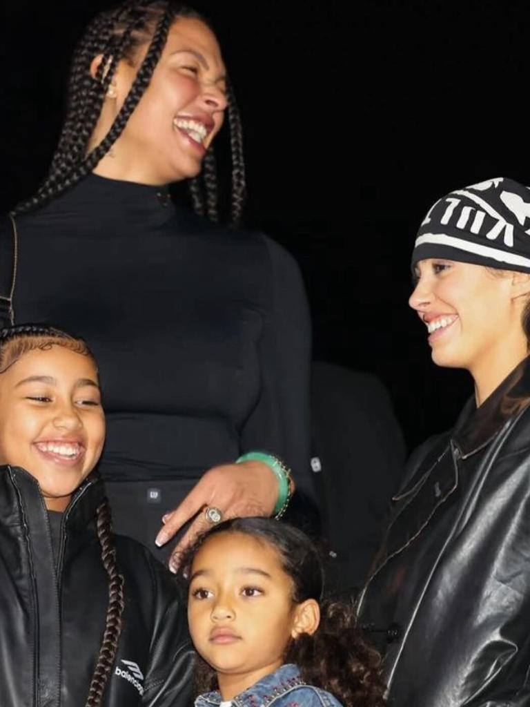 Censori (far right) pictured with West’s daughters North and Chicago, as well as Aussie basketball star Elizabeth Cambage (left) in December.