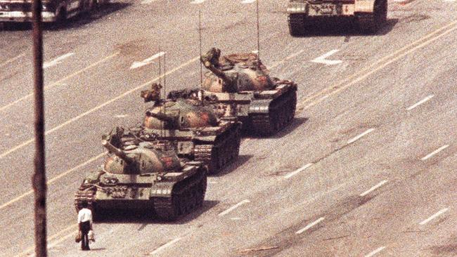 A man stands in front of a convoy of tanks in the lead-up to the Tiananmen Square massacre on June 5, 1989. Picture: Reuters