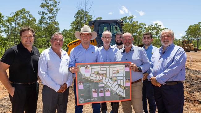 Real Estate Central director Daniel Harris, Litchfield Mayor Doug Barden, Planning Minister Joshua Burgoyne, The Parks development director Andrew Bartington, HB Group Michael Halkitis, Treasurer Bill Yan, HB Group Mihali Halkitis and HB Group John Halkitis as the first lots within Stage 1 of the Holtze Land Release are ready to hit the market, marking a key milestone for the major urban development. Picture: Pema Tamang Pakhrin