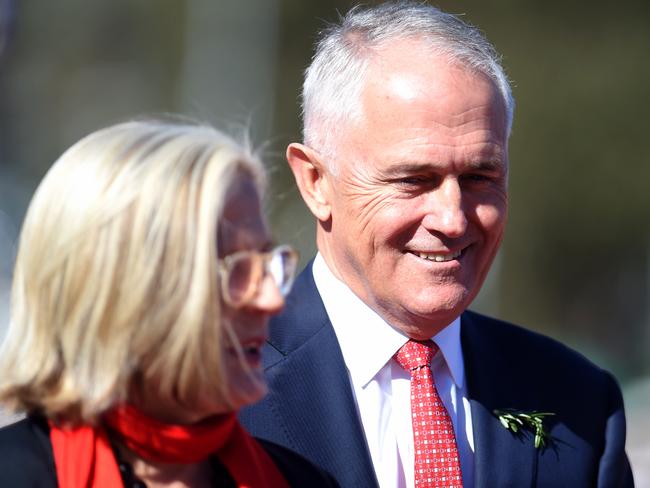 Australian Prime Minister Malcolm Turnbull and his wife Lucy arrive to attend the ANZAC Day ceremony at the Australian War Memorial in Canberra. Picture: AAP/Lukas Coch