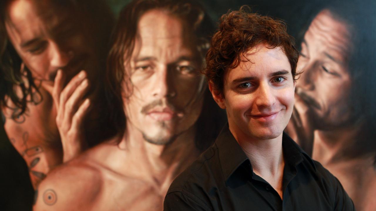 Artist Vincent Fantauzzo with his winning portrait of late friend and actor Heath Ledger.