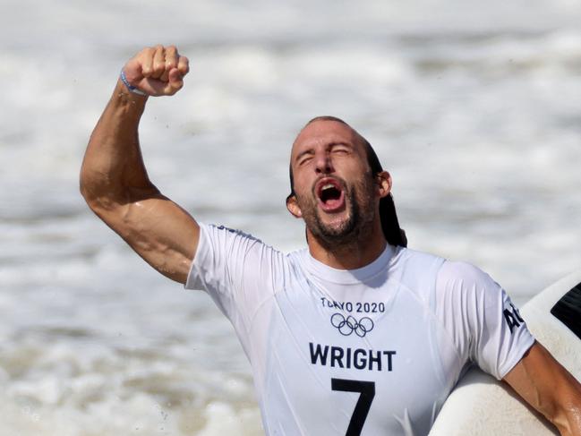 Wright celebrates after winning the men’s surfing bronze medal final at the 2021 during the Tokyo 2020 Olympics. Picture: AFP