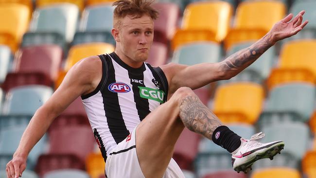 Collingwood forward Jaidyn Stephenson boots a goal against Carlton, but will he remain in black and white next year?