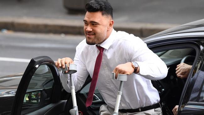 Rabbitohs forward Zane Musgrove appeared on crutches for the court hearing. Picture: AAP Image/Dean Lewins