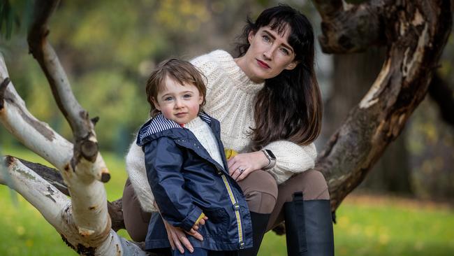 Joh Kelly lost her first baby Hunter when he was five months old to Severe Combined Immune Deficiency (SCID or "Bubble Boy" in 2017) because the condition wasn't included in a newborn bloodspot test. She is pictured here with her second son, who also has the condition. Picture: Jake Nowakowski