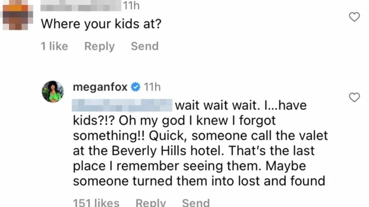 Megan Fox fired back at a social media user after being questioned about the whereabouts of her children. Picture: meganfox/Instagram