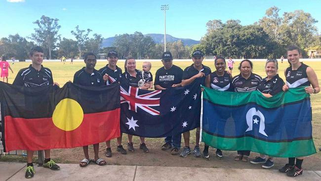Ryan Jackson, Jackmann Yasso, Travis Young, Jody Tucker and Ollie Mill, Ray Wallis, Clinton Evans, Sherry Smith, Sarah Dempsey, Marie Taylor, Taylah Pringle at the Brothers vs Panthers game on Saturday. Picture: Jann Houley