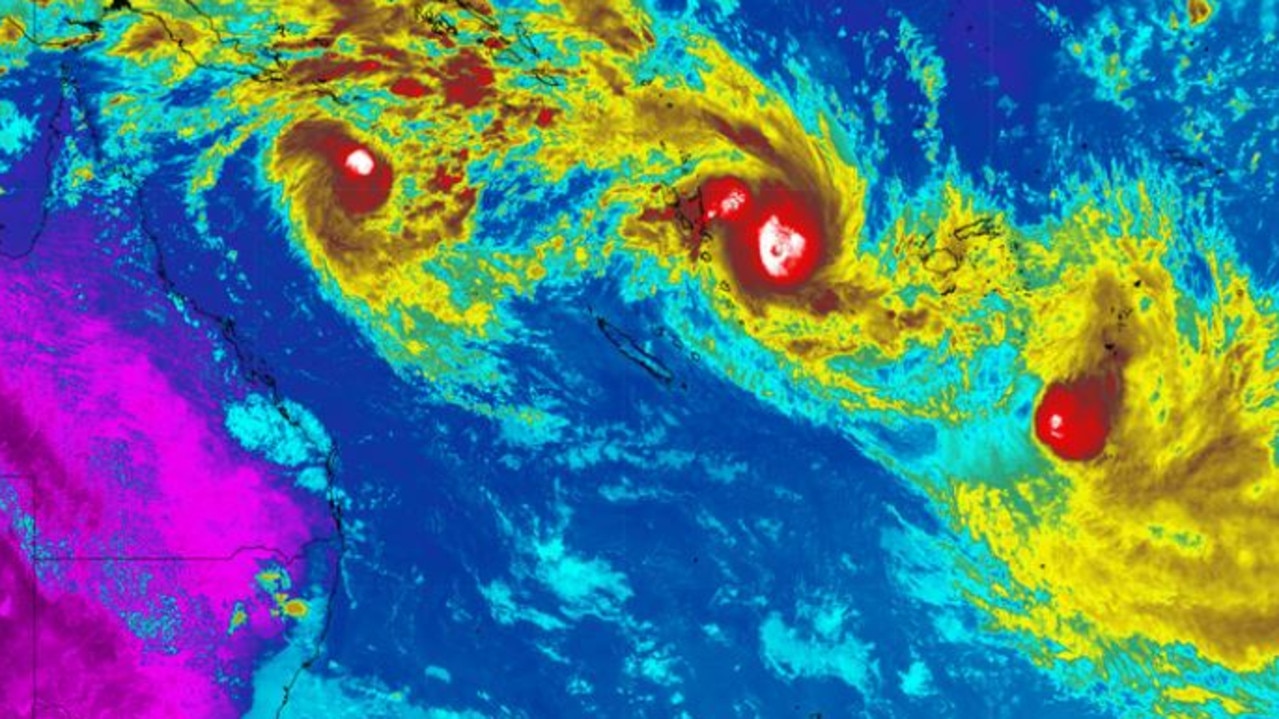 Infra-red satellite image shows three tropical cyclones over the South Pacific. Source: Weatherzone.