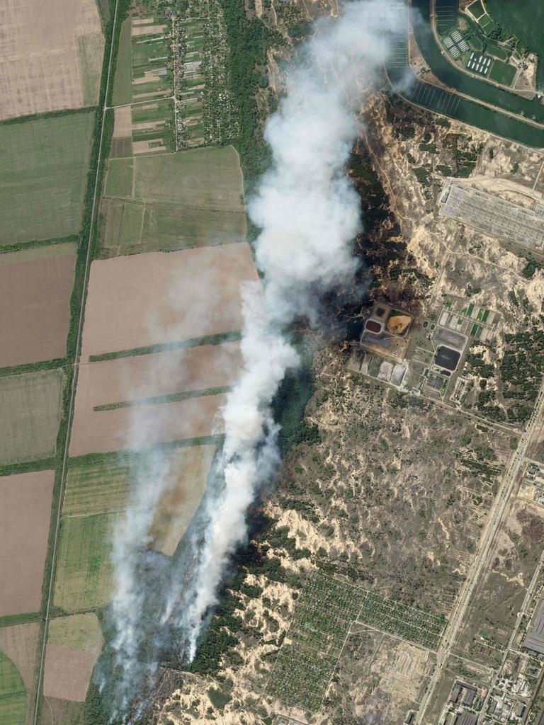 Forest fires near the Zaporizhzhia nuclear power plant damaged during the Russia-Ukraine conflict. Picture: 2021 Planet Labs Inc/AFP